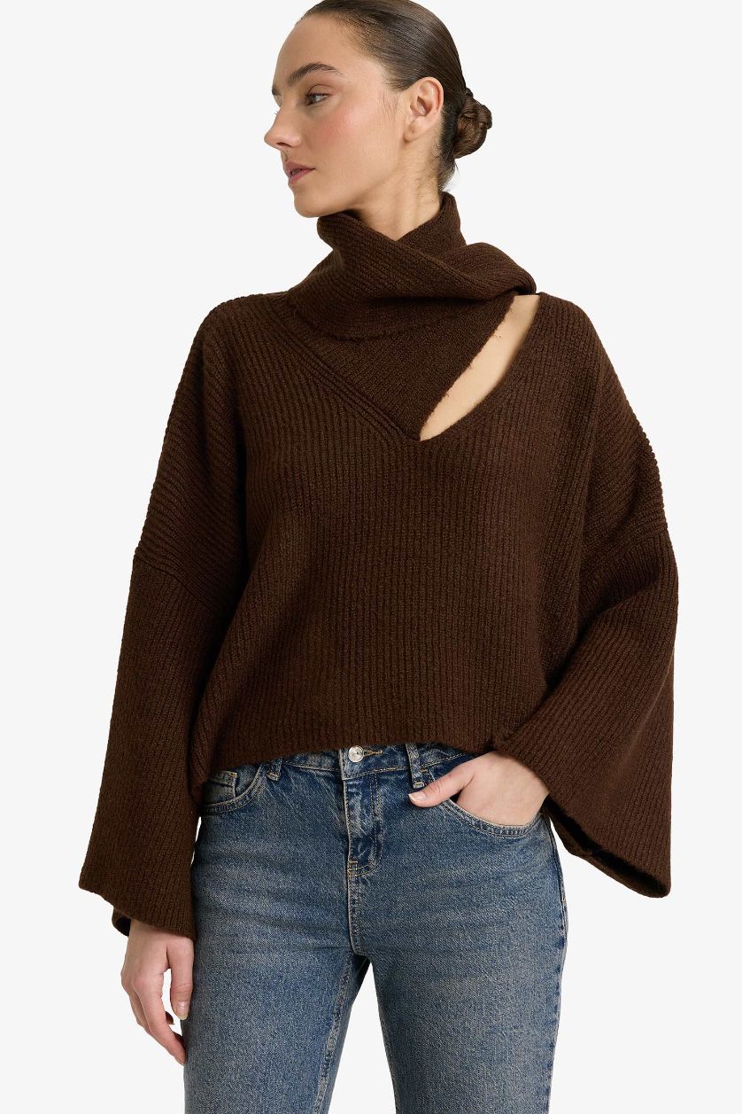 Woman Brown Oversize Fit Shawl Collar Knitwear Pullover