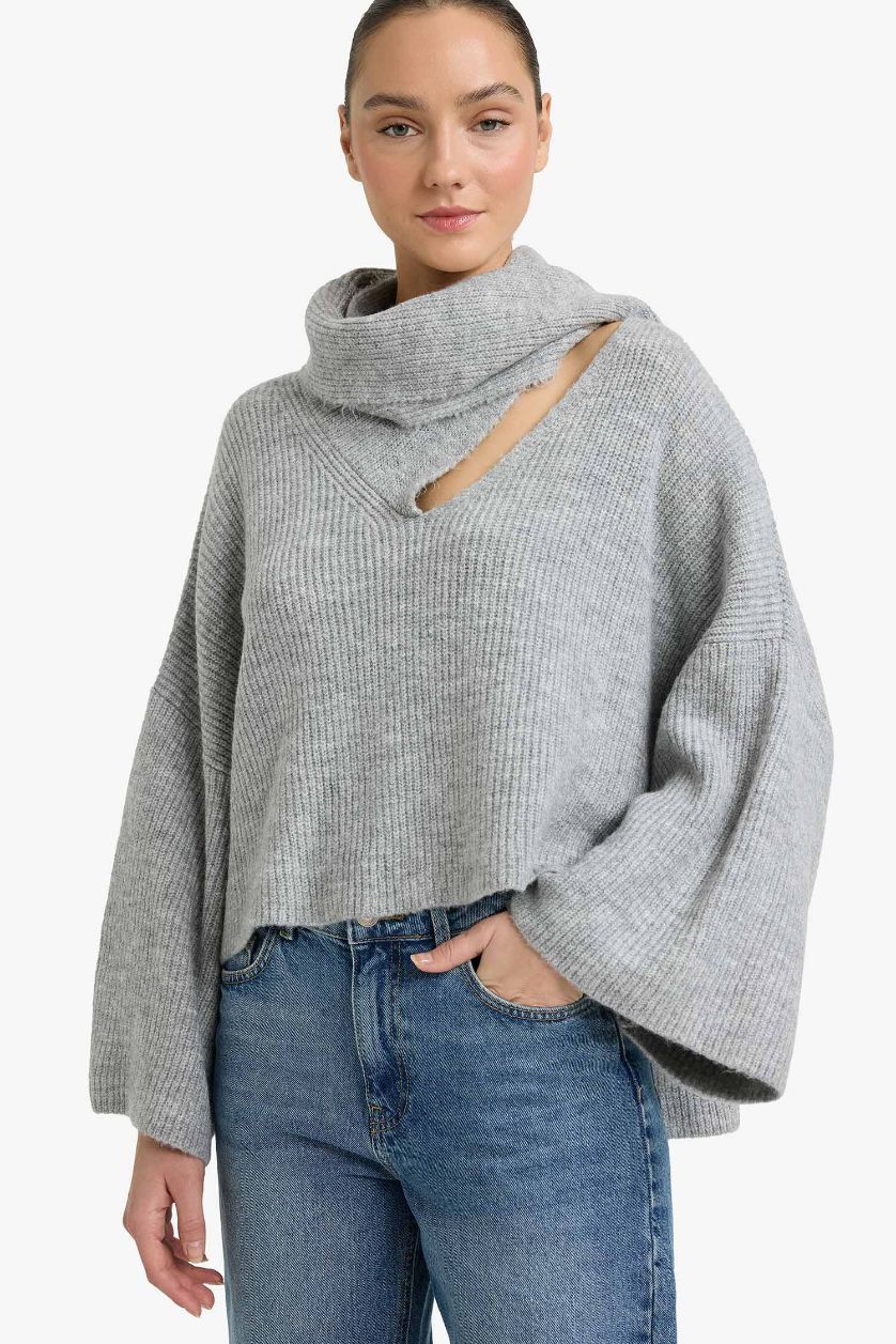 WOMAN Light Grey Oversize Fit Shawl Collar Knitwear Pullover