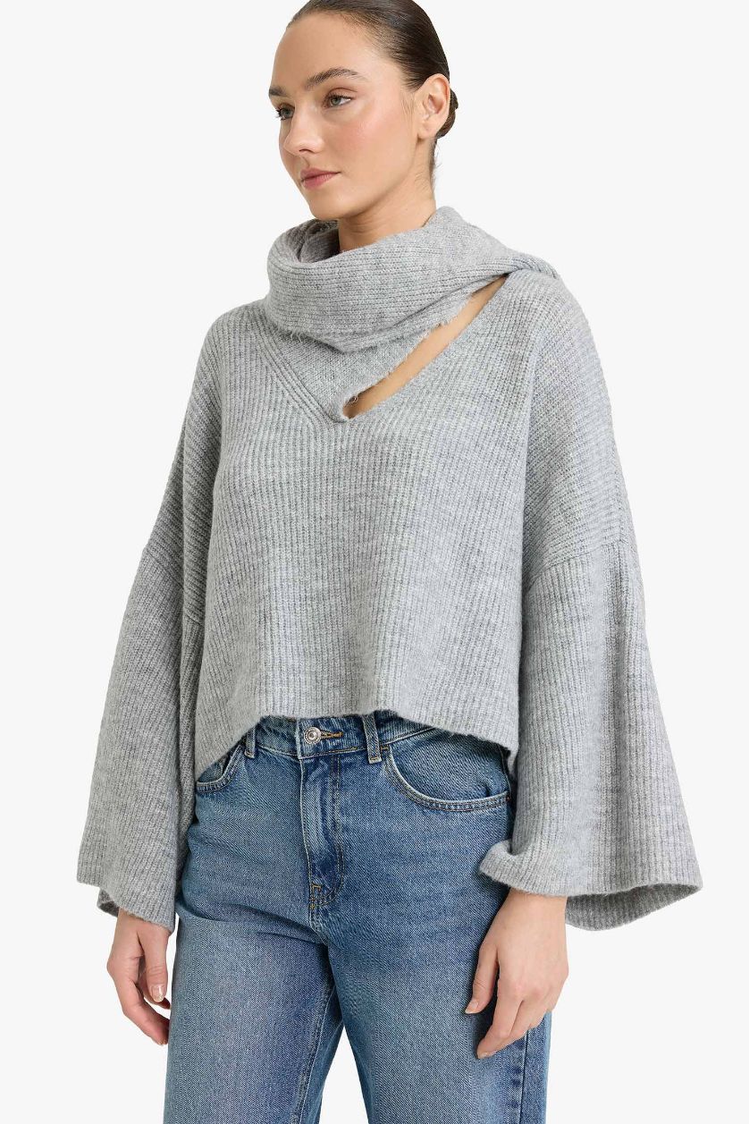 WOMAN Light Grey Oversize Fit Shawl Collar Knitwear Pullover