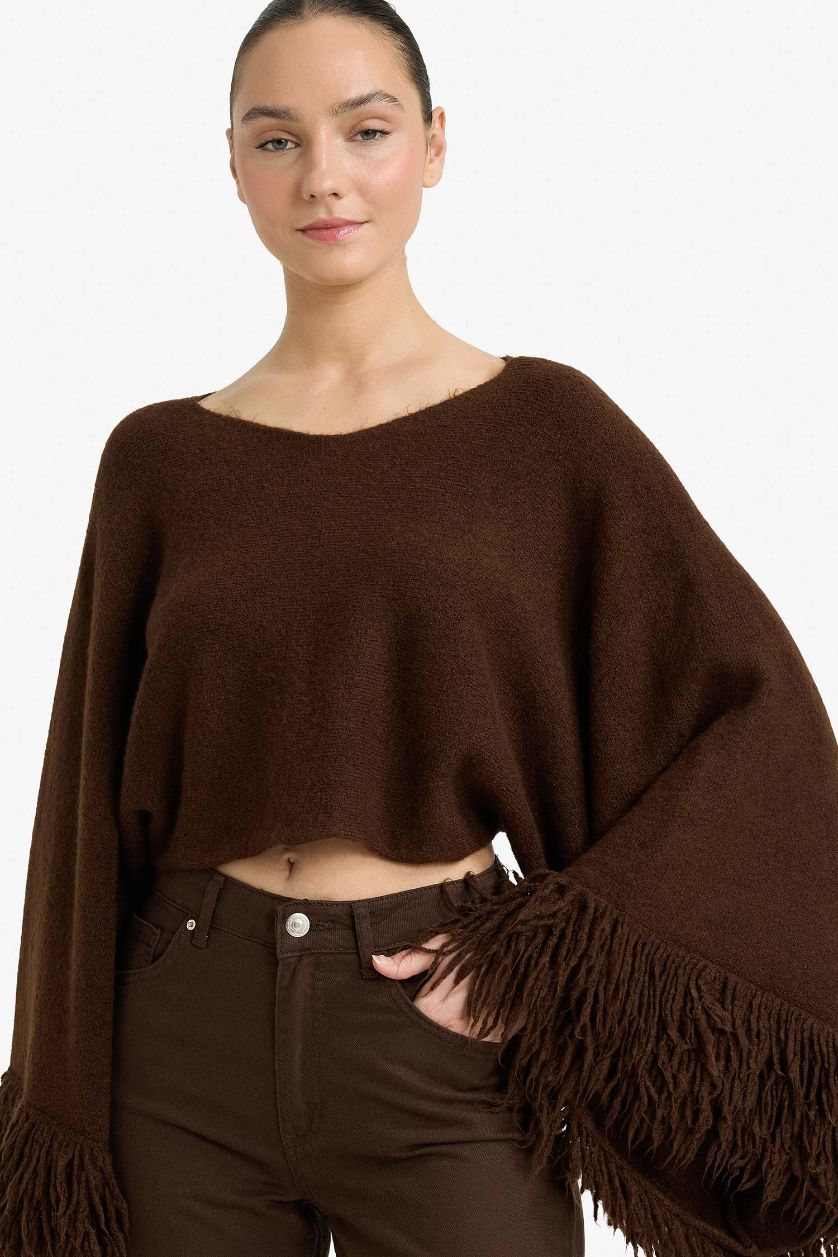 Woman Brown Oversize Fit Boat Collar Knitwear Pullover