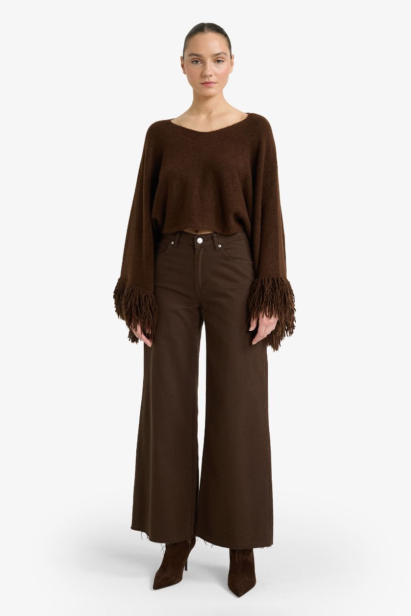 Woman Brown Oversize Fit Boat Collar Knitwear Pullover