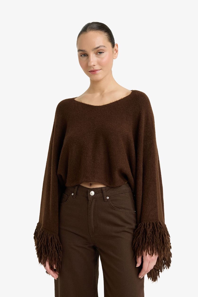 Woman Brown Oversize Fit Boat Collar Knitwear Pullover