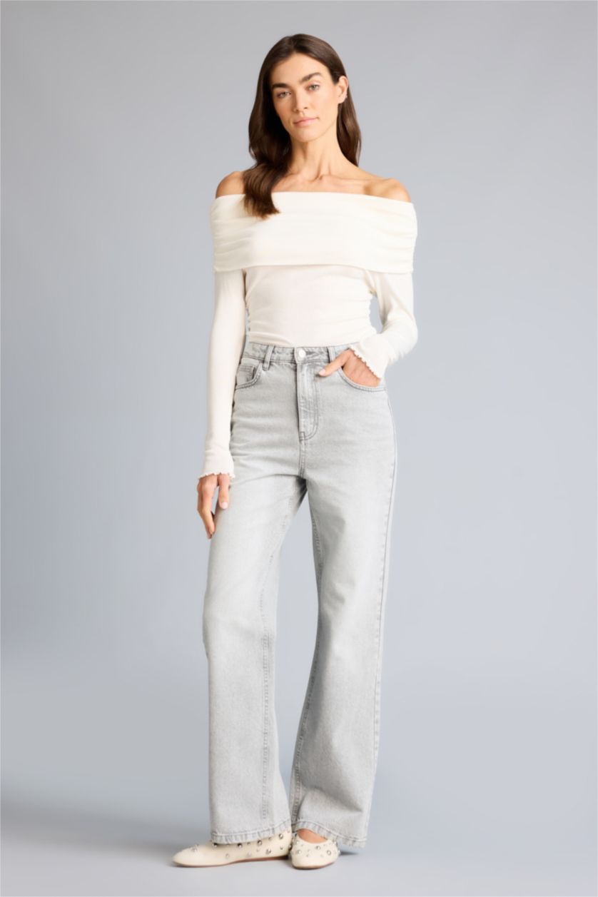 Kadın Ekru Slim Fit Omzu Açık Ribana Tişört