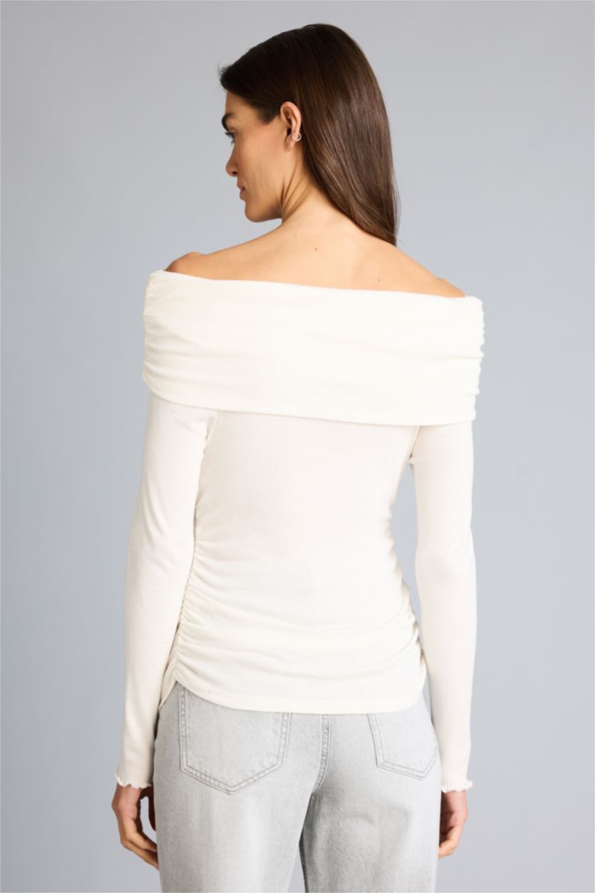 Kadın Ekru Slim Fit Omzu Açık Ribana Tişört