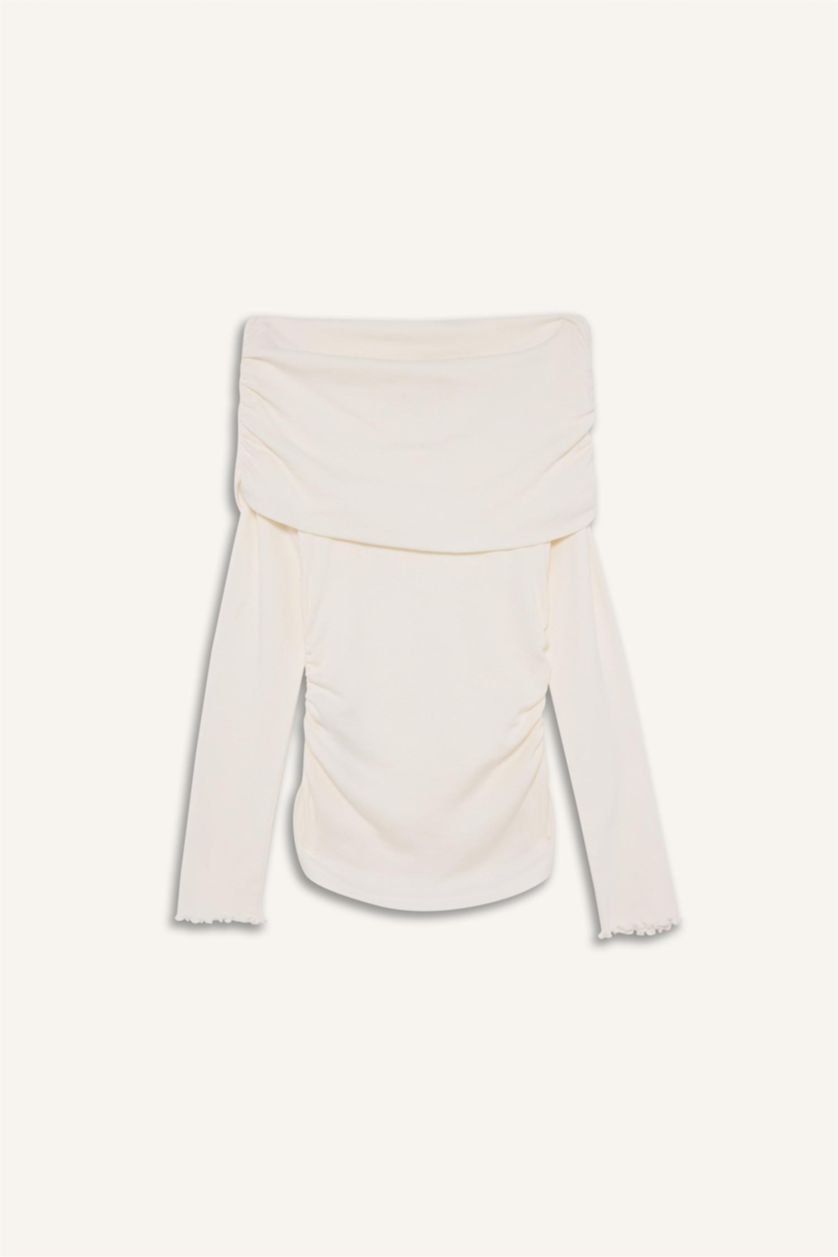 Kadın Ekru Slim Fit Omzu Açık Ribana Tişört