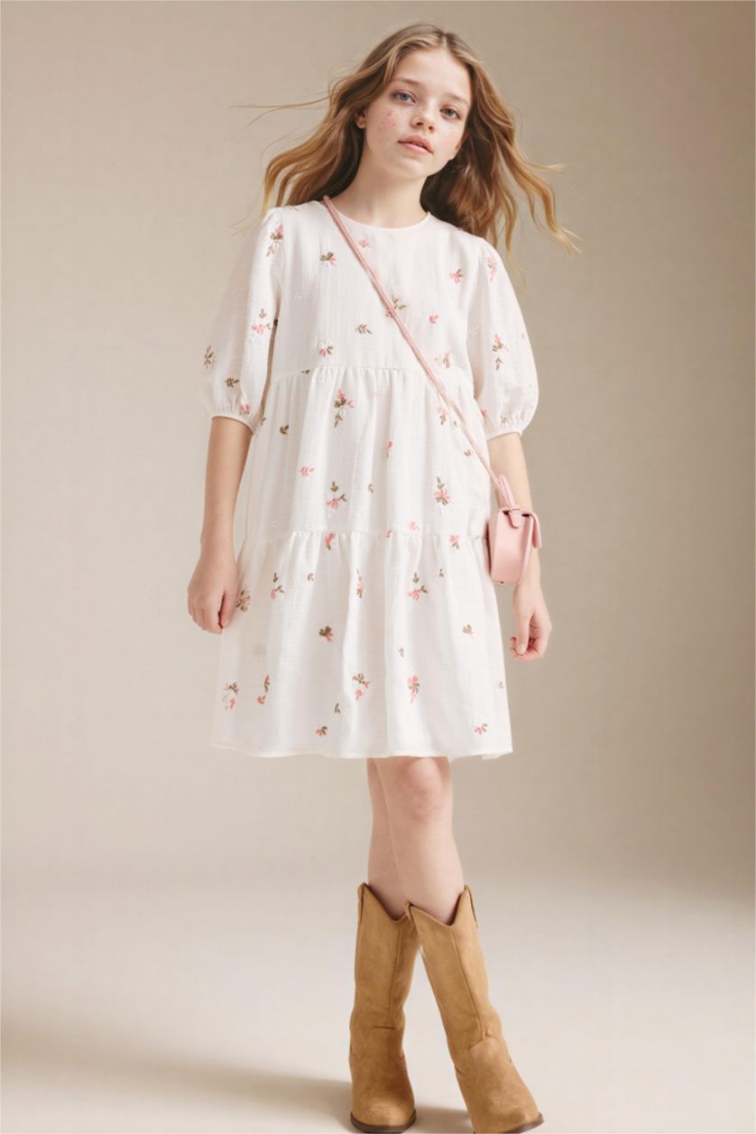 Kız Çocuk - Genç Kız Ekru Pamuklu Elbise Kız Çocuk