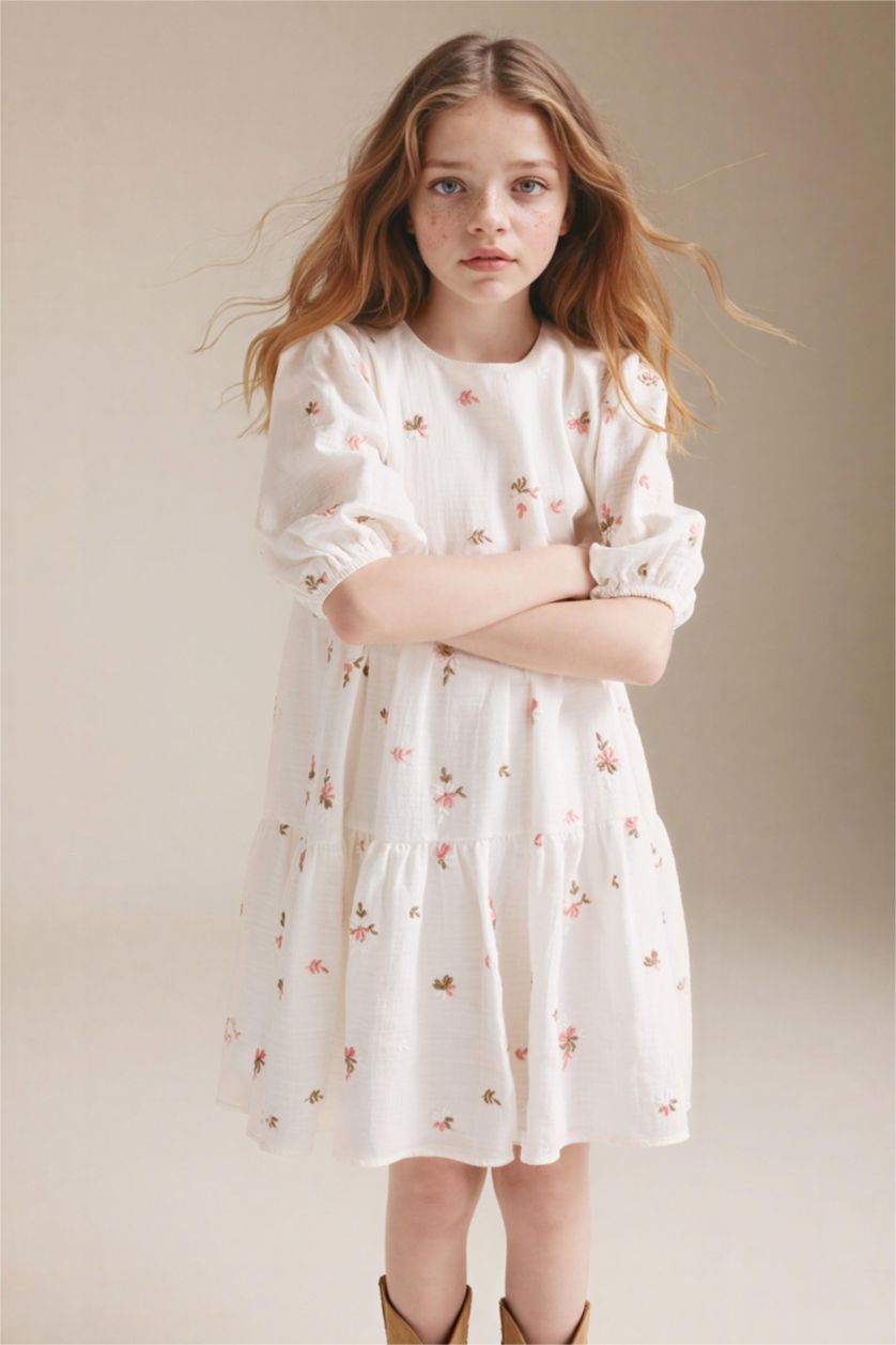 Kız Çocuk - Genç Kız Ekru Pamuklu Elbise Kız Çocuk
