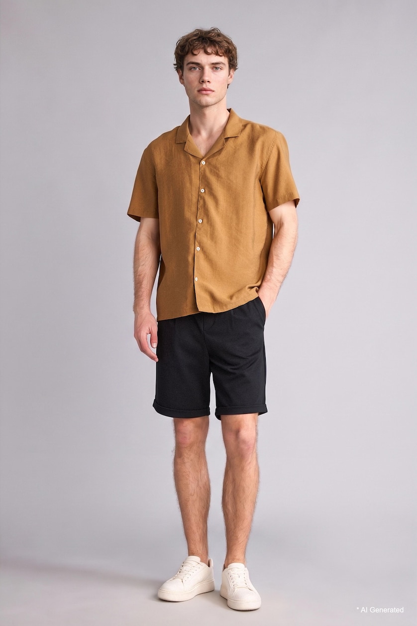 Erkek Camel Regular Fit Kısa kollu Akışkan Kumaş Gömlek