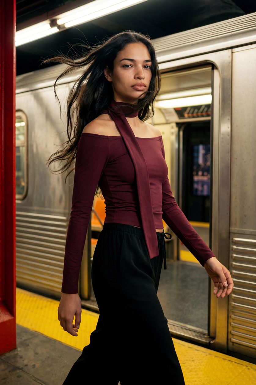 Kadın Bordo Fitted Kayık Yaka Şal Detaylı Tişört