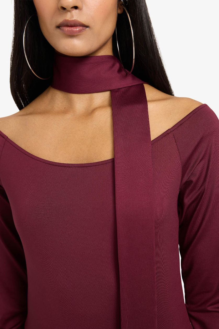 Kadın Bordo Fitted Kayık Yaka Şal Detaylı Tişört