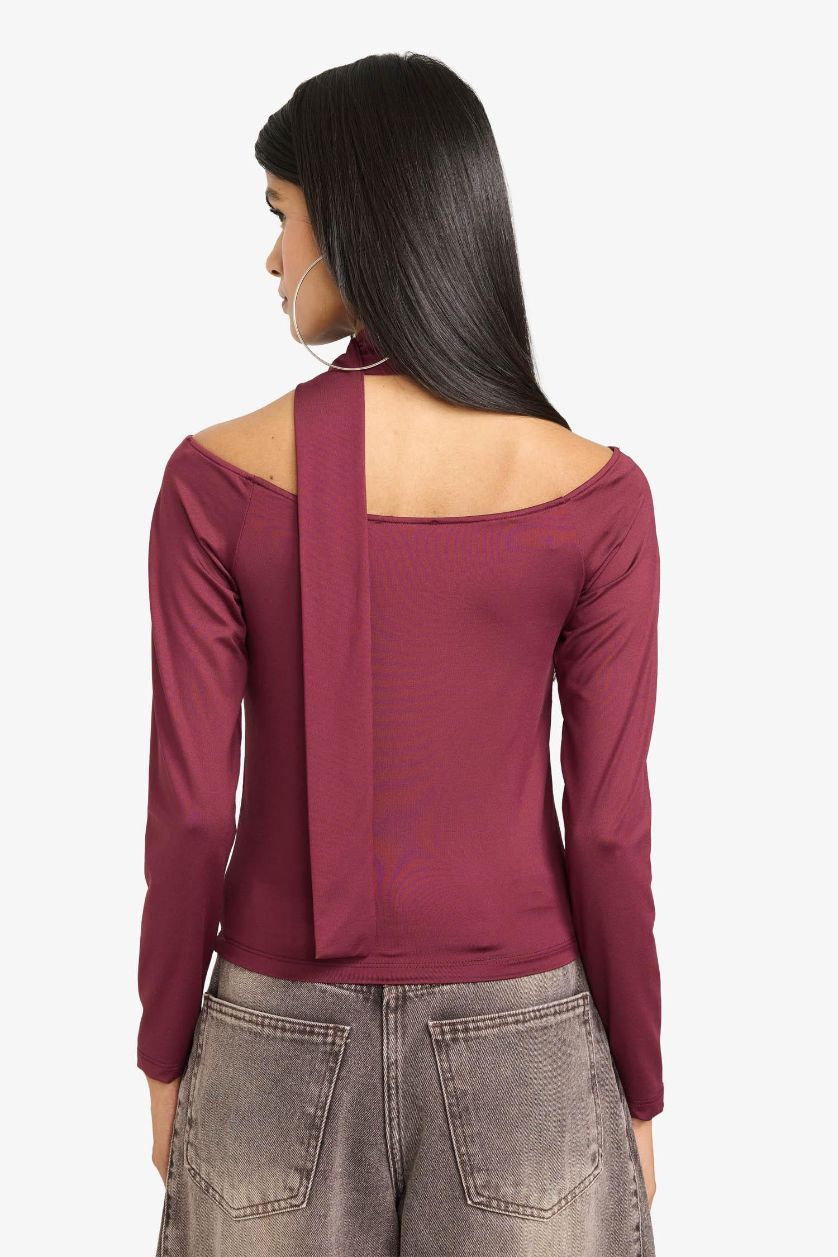 Kadın Bordo Fitted Kayık Yaka Şal Detaylı Tişört