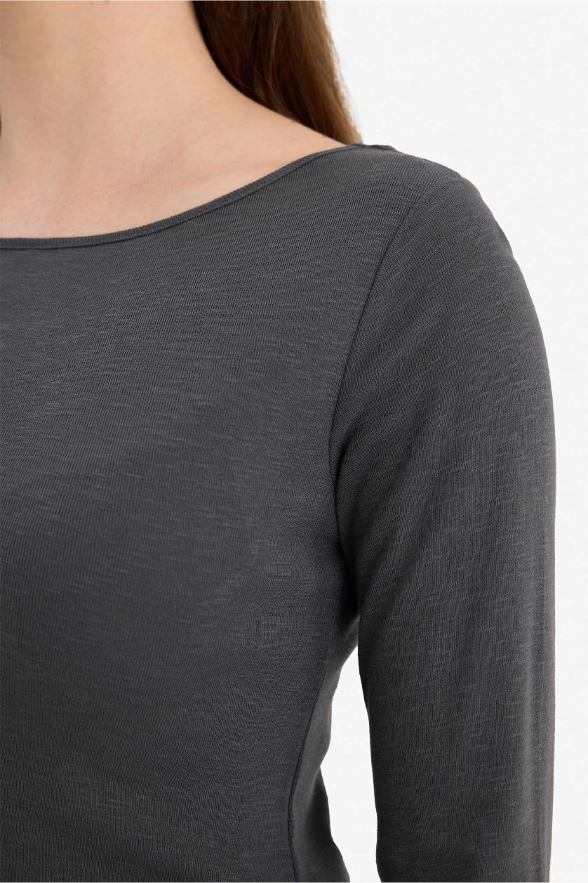 نساء أنثرا تيشيرت كم طويل برقبة قارب قصة ضيقة