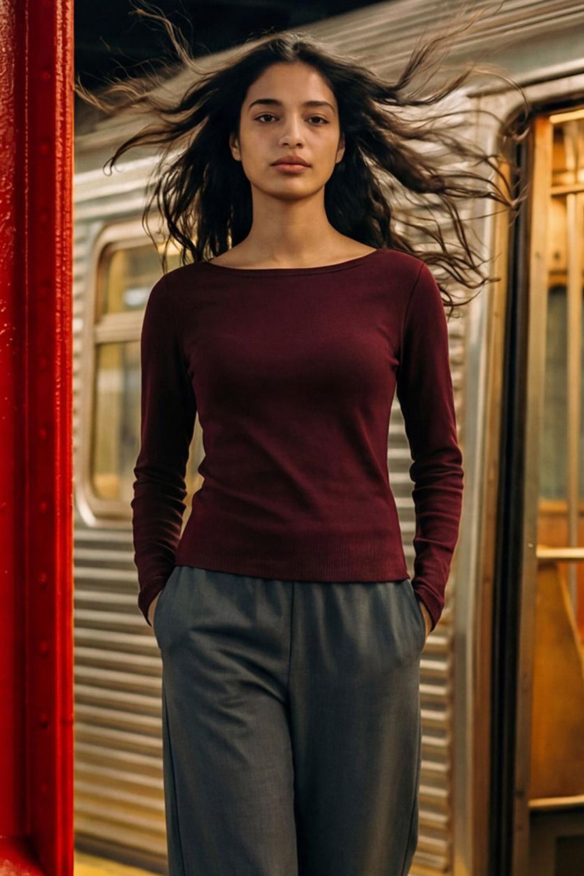 WOMAN Bordeaux Slim Fit Boat Neck Ribbed Long Sleeve T-Shirt