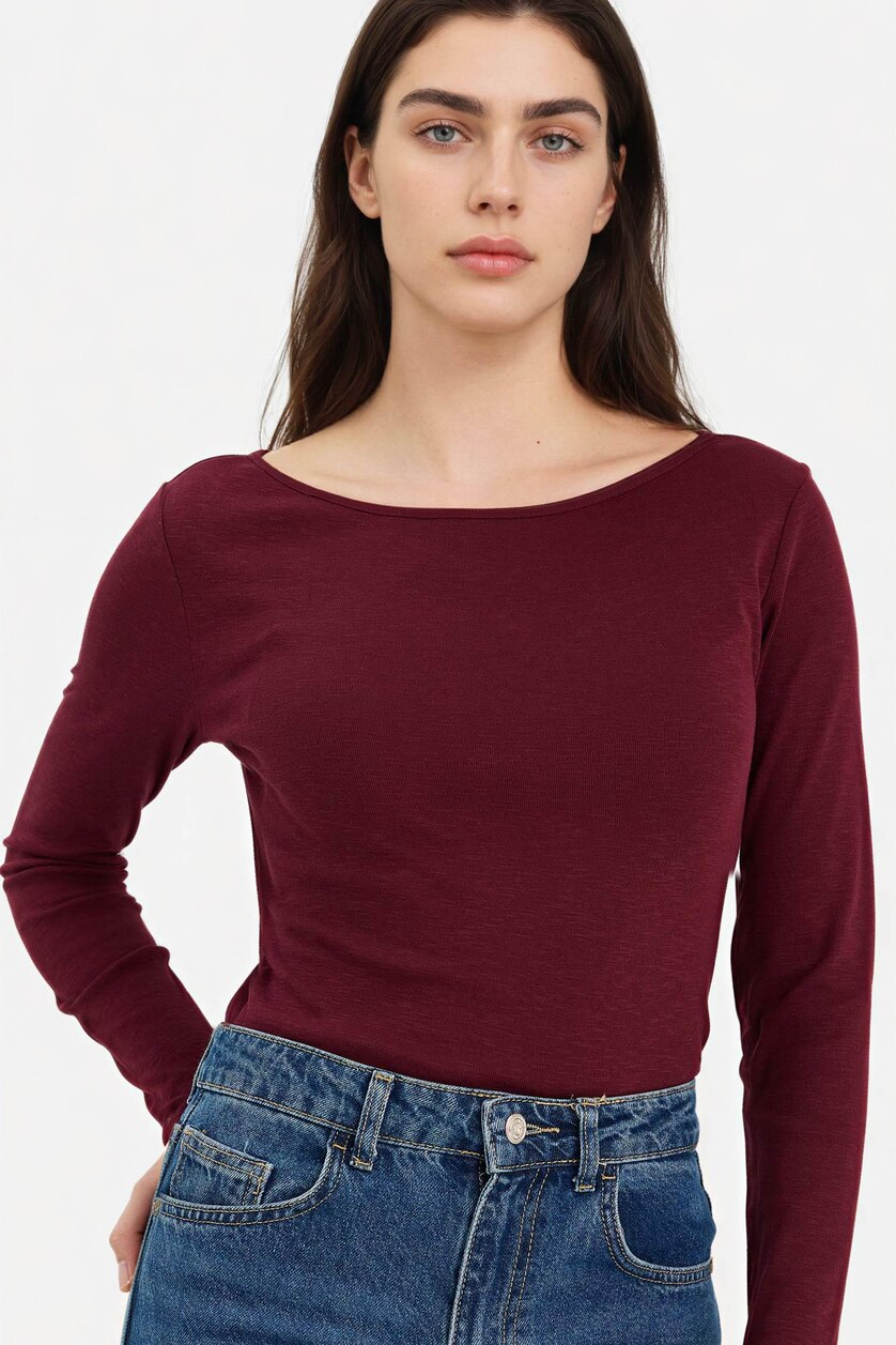 Women Bordeaux 100% Cotton Slim Fit Boat Neck Ribbed T-Shirt
