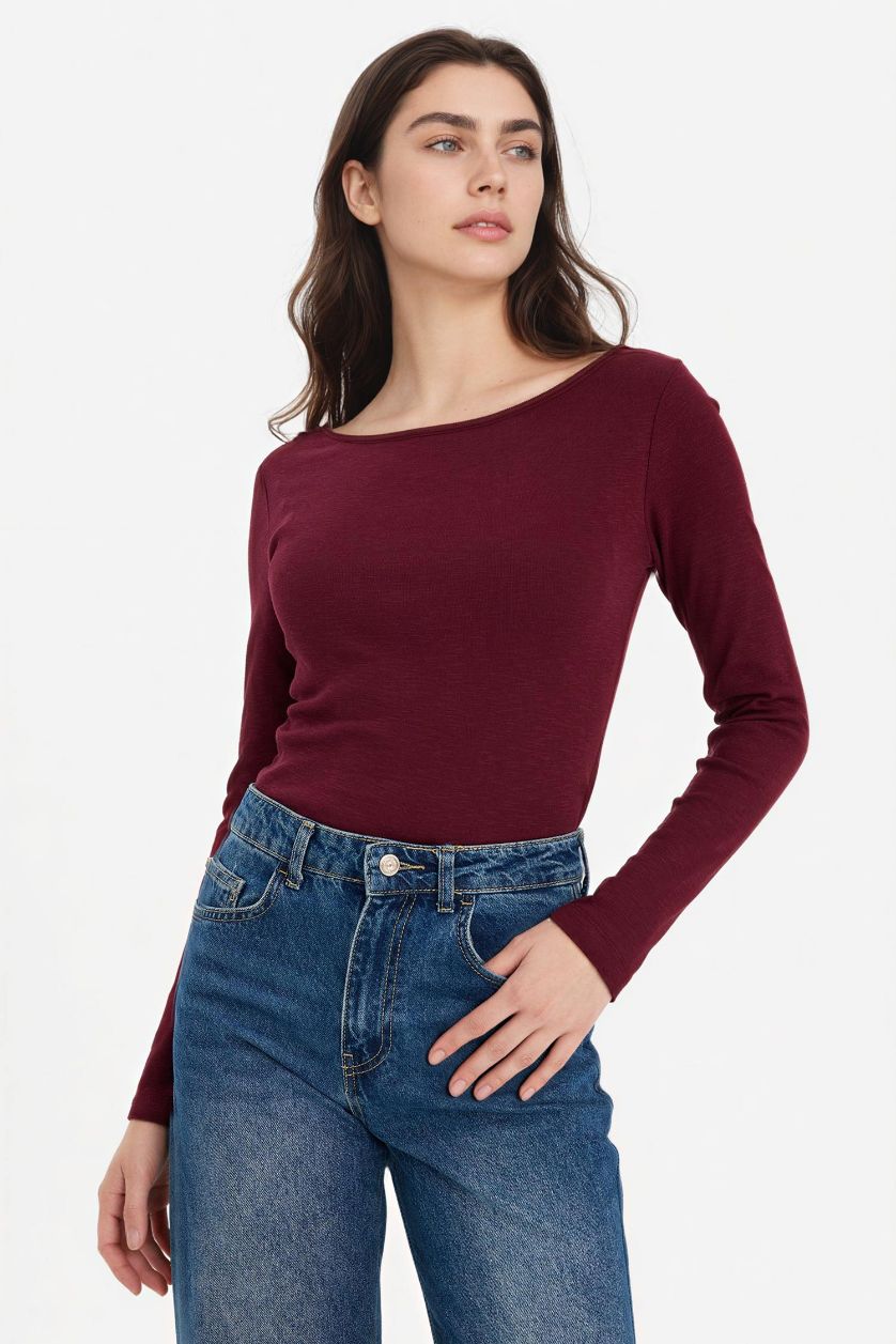 WOMAN Bordeaux Slim Fit Boat Neck Ribbed Long Sleeve T-Shirt