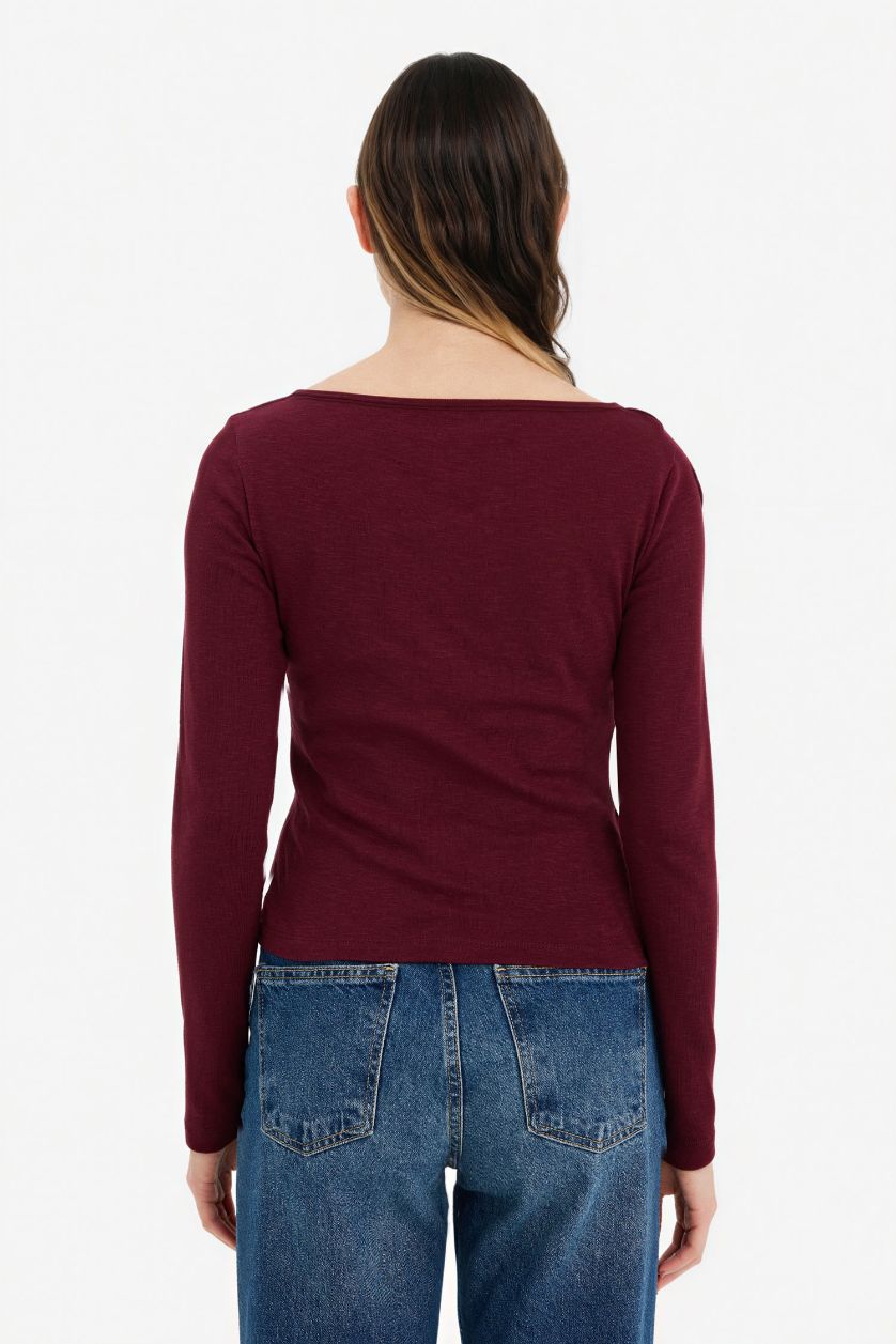 WOMAN Bordeaux Slim Fit Boat Neck Ribbed Long Sleeve T-Shirt