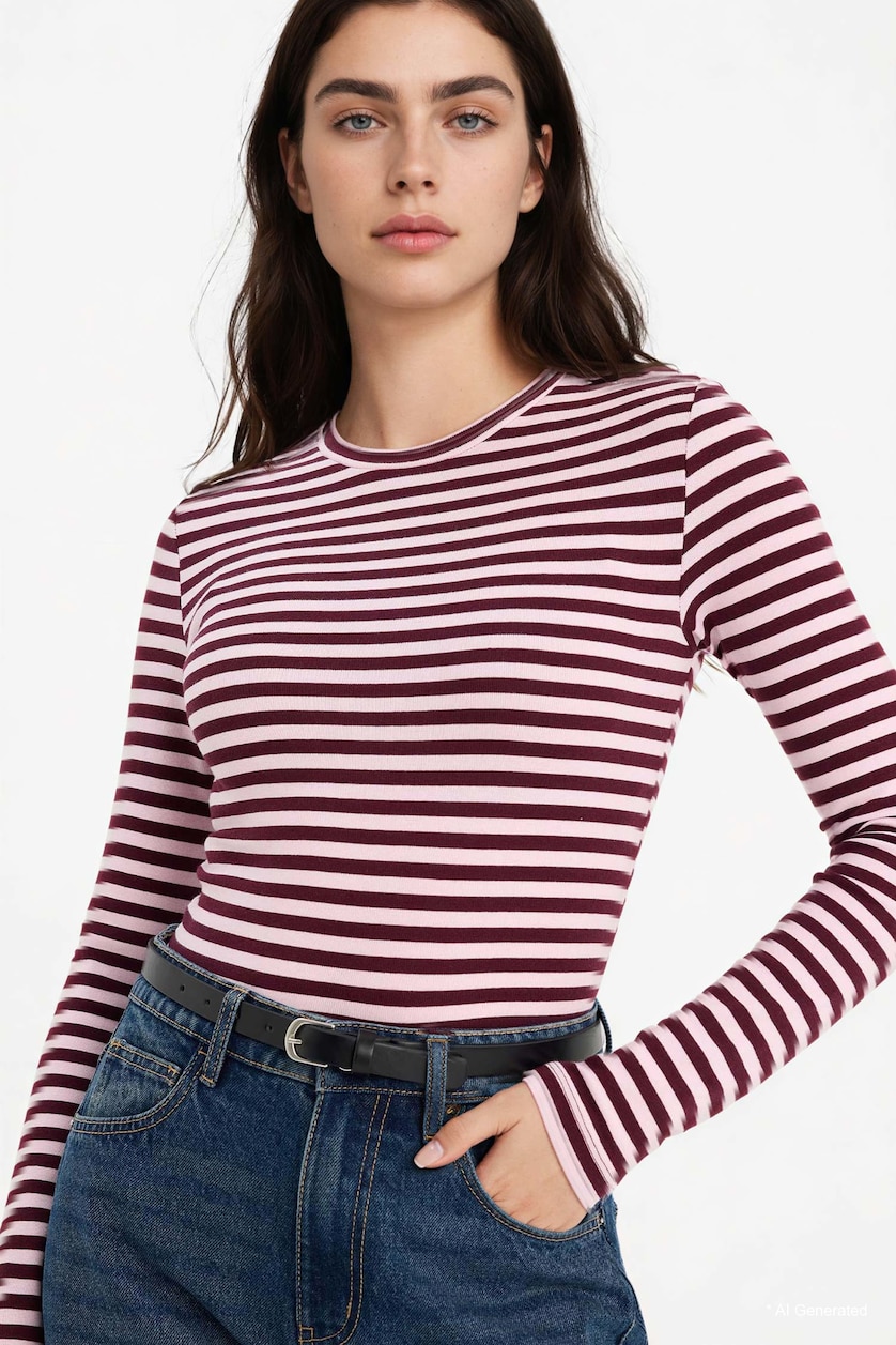 WOMAN Light Pink Loose Fit Boat Neck Ribbed Long Sleeve T-Shirt