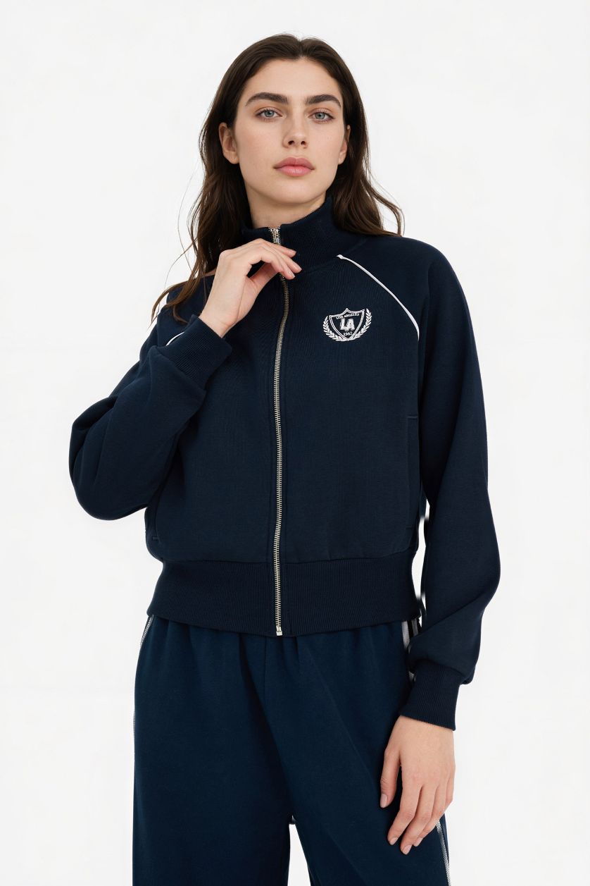 Kadın Lacivert Loose Fıt Dik Yaka Fermuarlı Sweatshirt