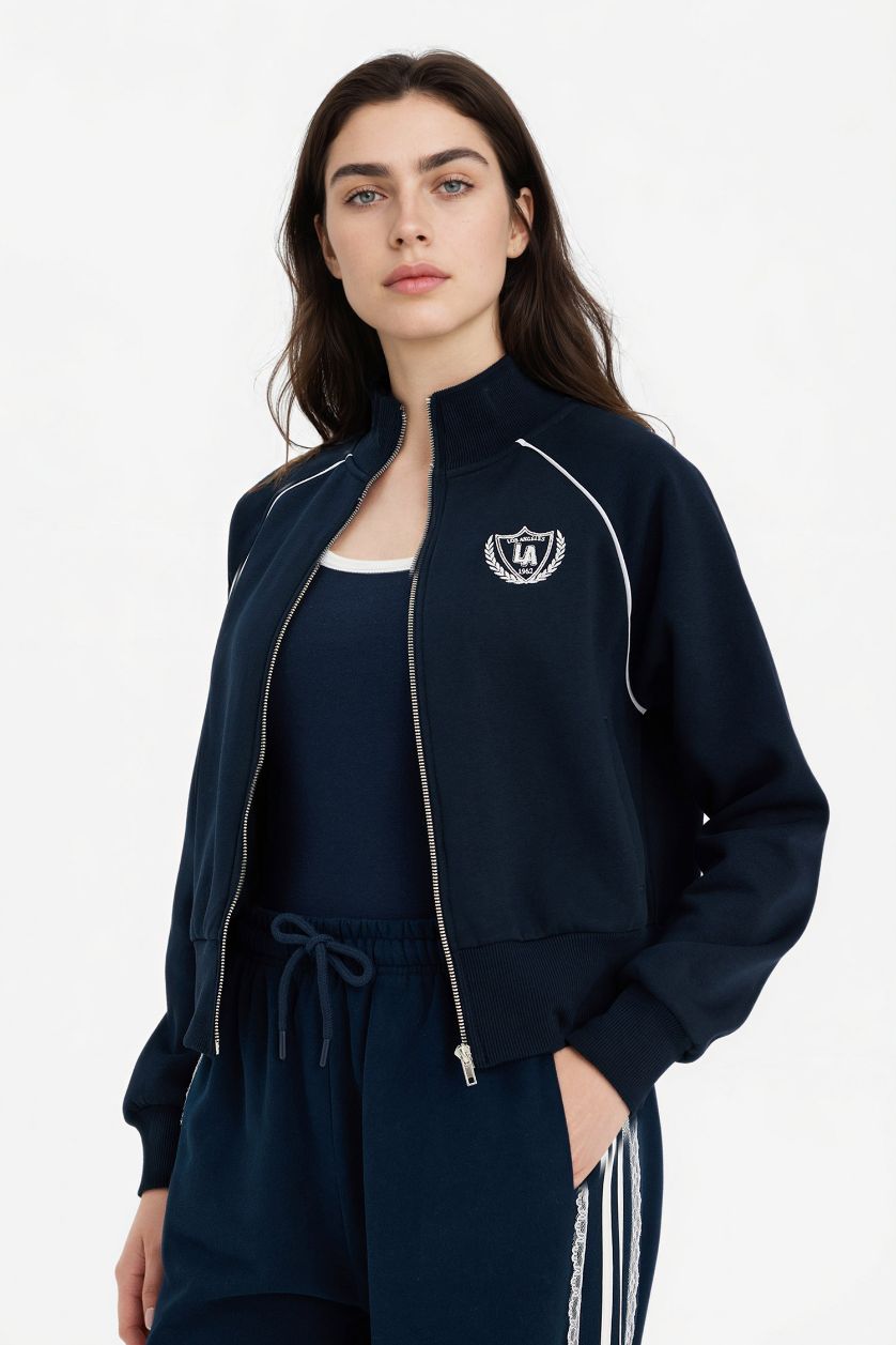 Kadın Lacivert Loose Fıt Dik Yaka Fermuarlı Sweatshirt