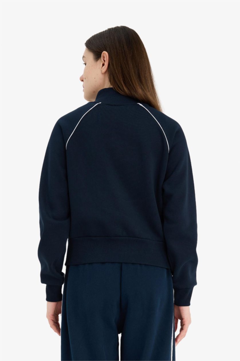 Woman NAVY Loose Fit Half Turtleneck Thick Sweatshirt Fabric Cardigan