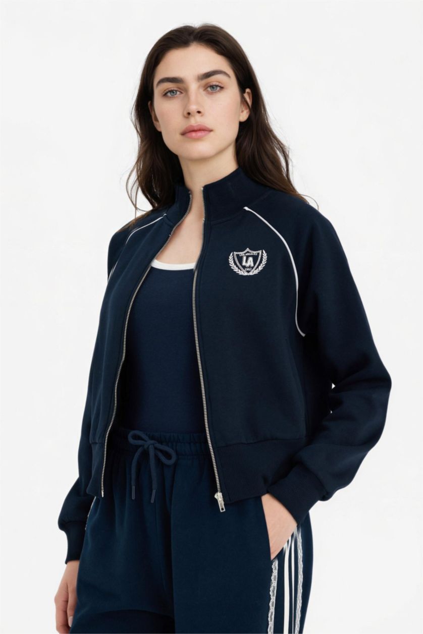 Woman NAVY Loose Fit Half Turtleneck Thick Sweatshirt Fabric Cardigan