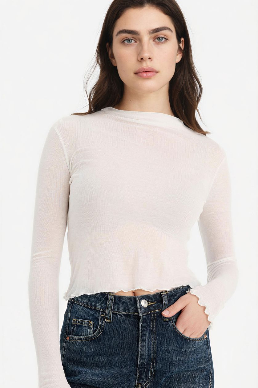 Женщины Кремовый Футболка Fitted с воротником-стойкой и длинным рукавом
