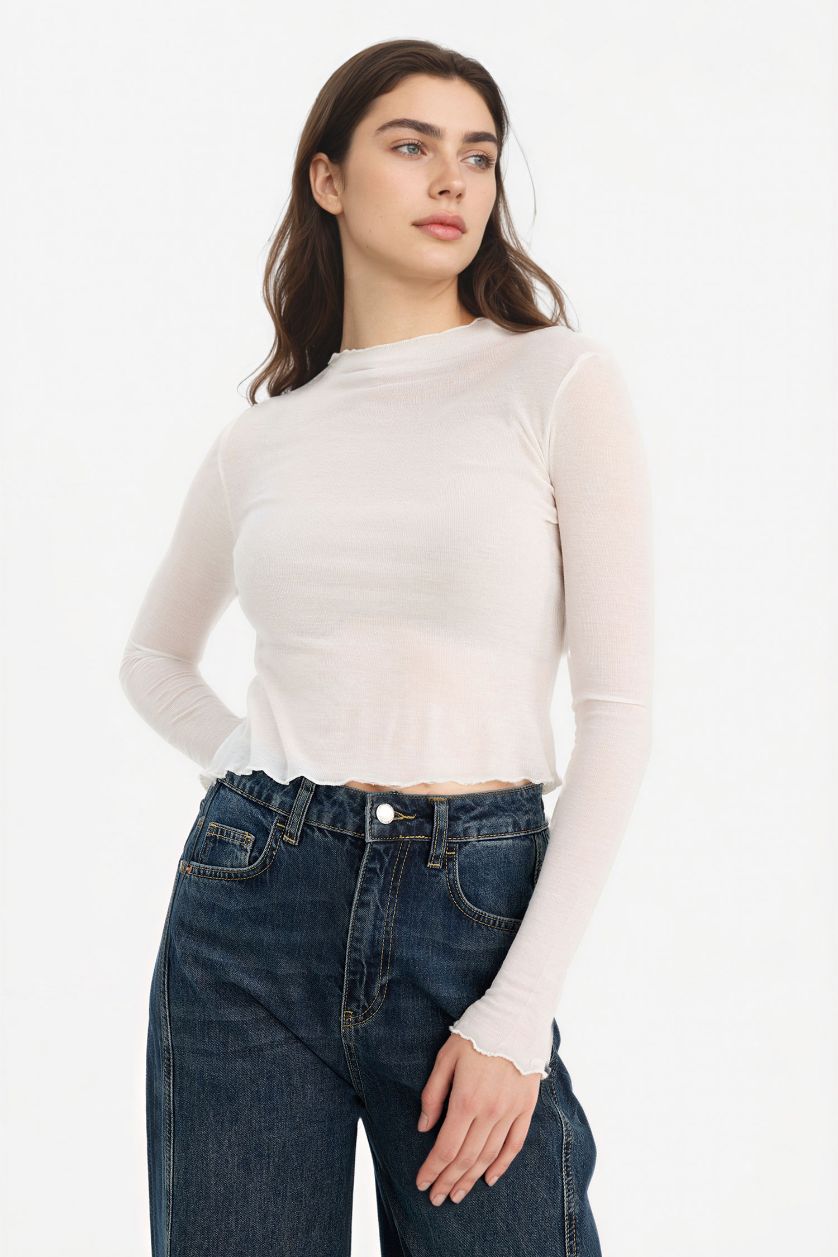 Женщины Кремовый Футболка Fitted с воротником-стойкой и длинным рукавом