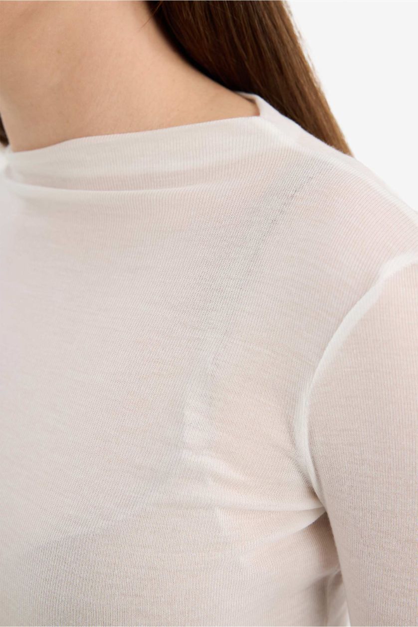 Женщины Кремовый Футболка Fitted с воротником-стойкой и длинным рукавом