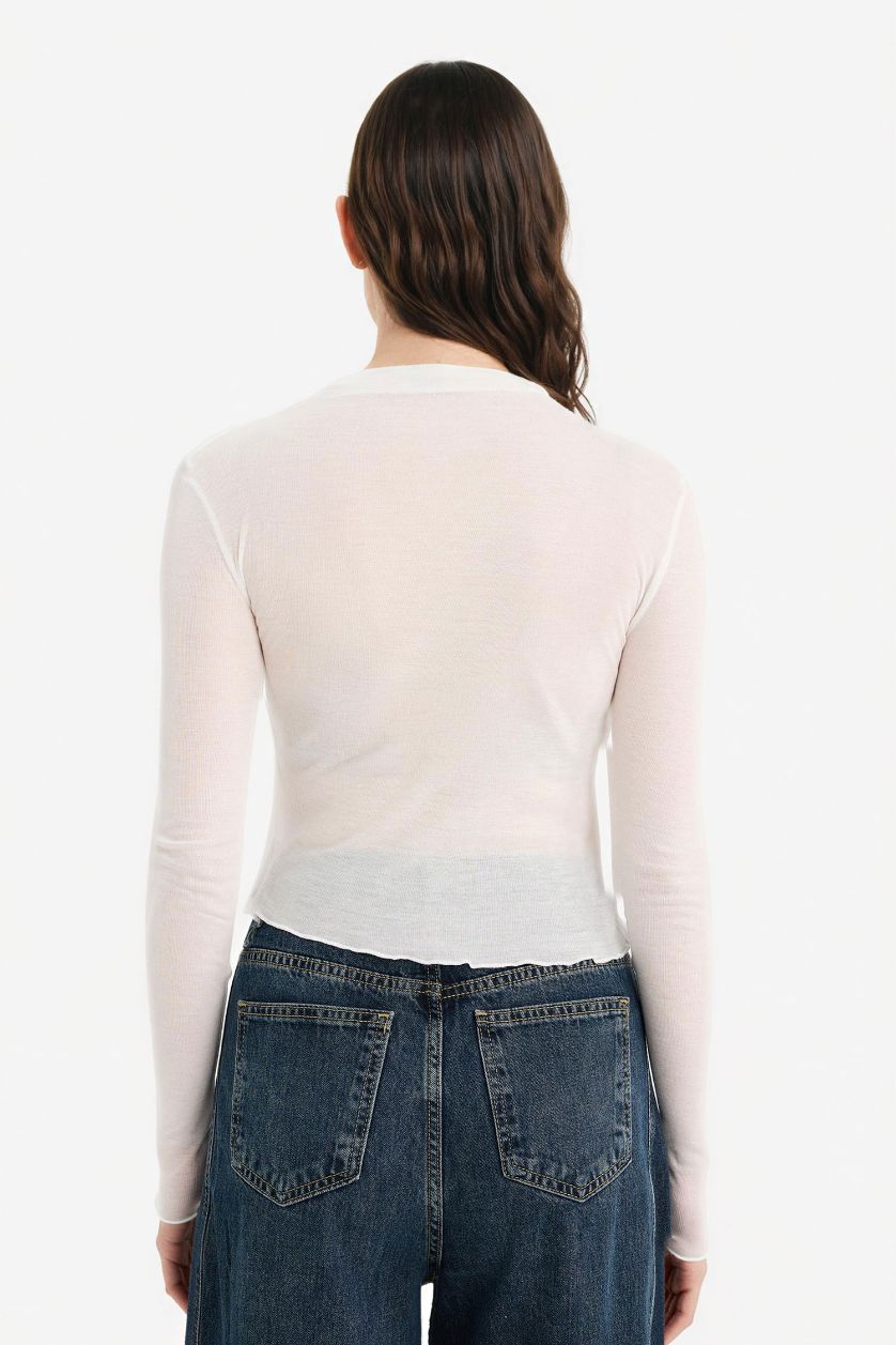 Женщины Кремовый Футболка Fitted с воротником-стойкой и длинным рукавом