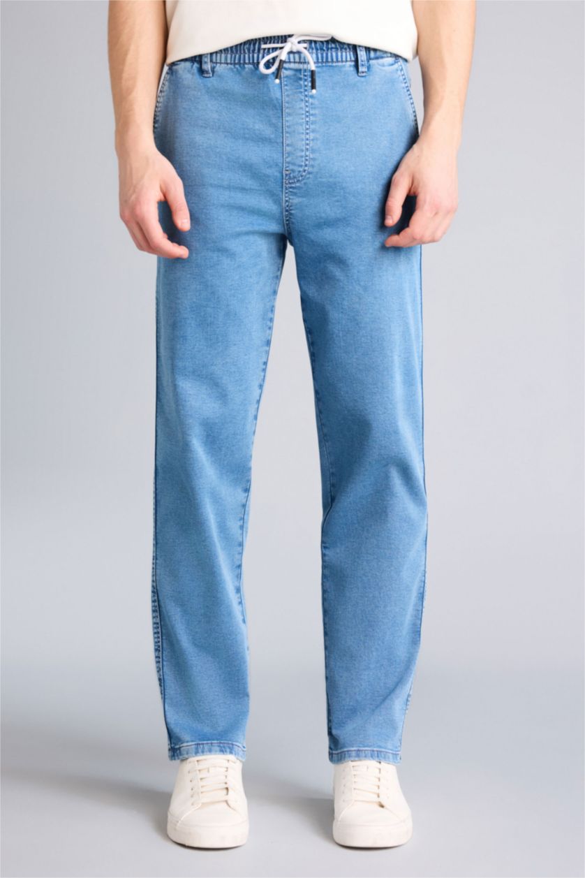 Мужчины Голубрй Джинсы Wide Leg с широкими штанинами и снежной стиркой