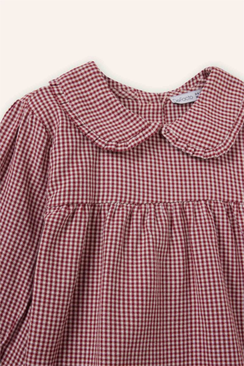 Kız Bebek Bordo Bebe Yaka Pötikareli Poplin Uzun Kollu Gömlek Kız Bebek