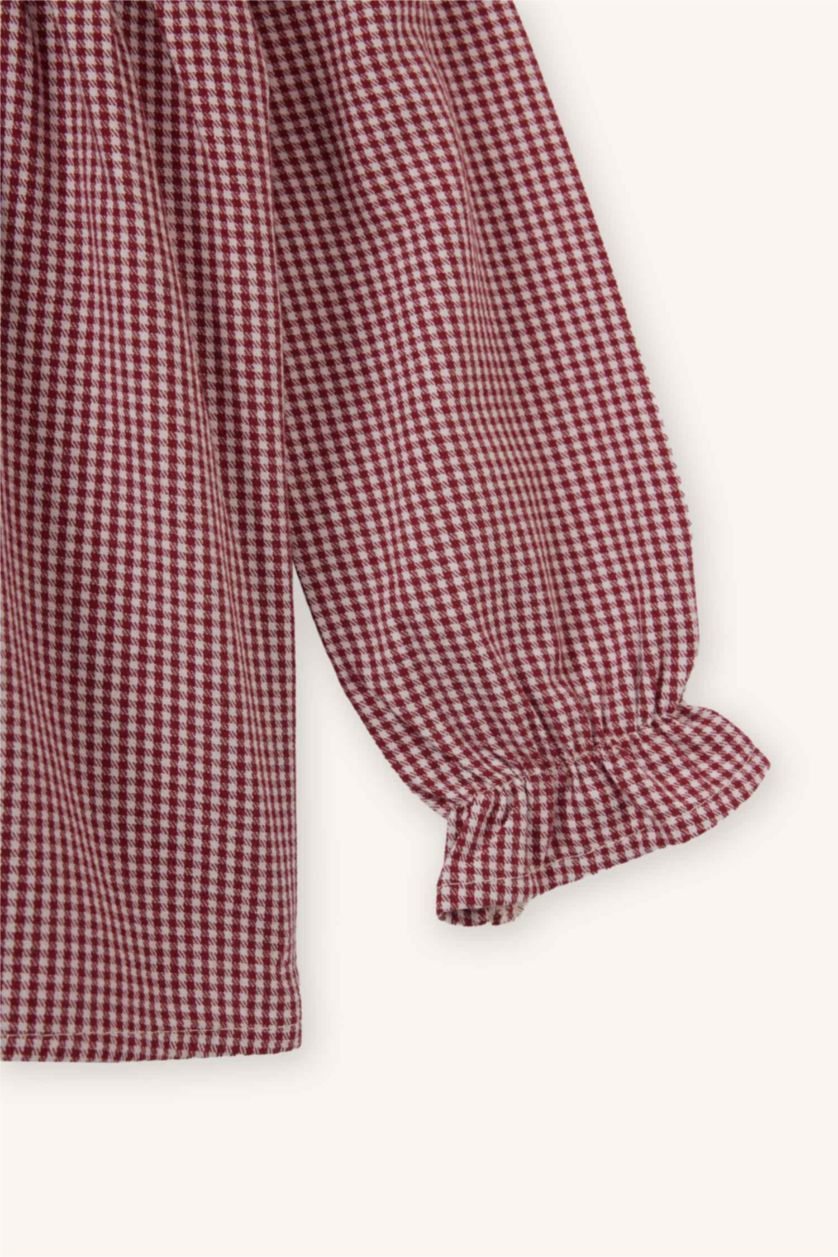 Kız Bebek Bordo Bebe Yaka Pötikareli Poplin Uzun Kollu Gömlek Kız Bebek