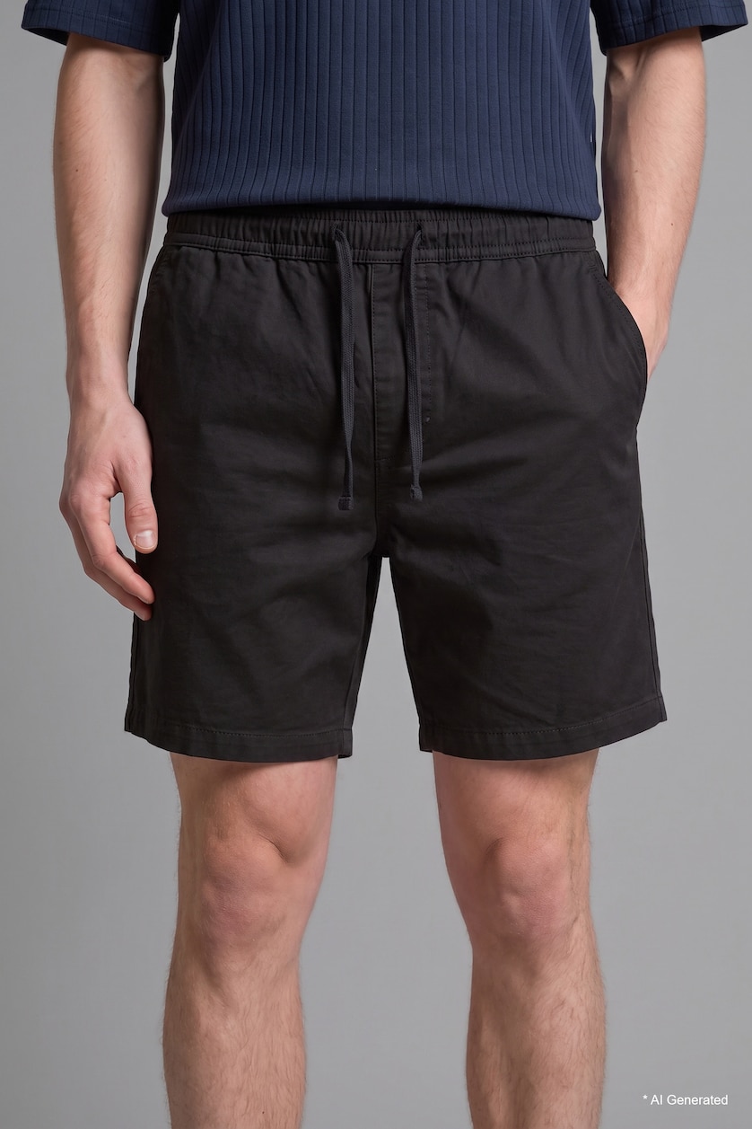 Men Black 100% Cotton Relax Fit Elastic Waist Shorts