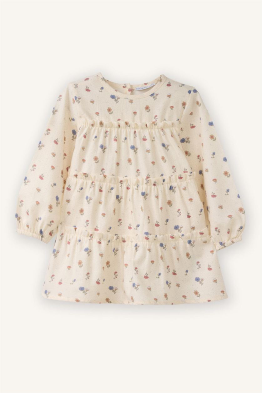 BABY GIRL Ecru Baby Girl Patterned Long Sleeve Twill Dress