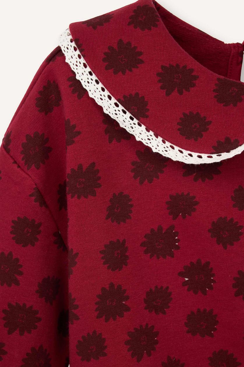 Baby Girl Bordeaux Baby Girl Regular Fit Large Collar Floral Thick Fabric Sweatshirt
