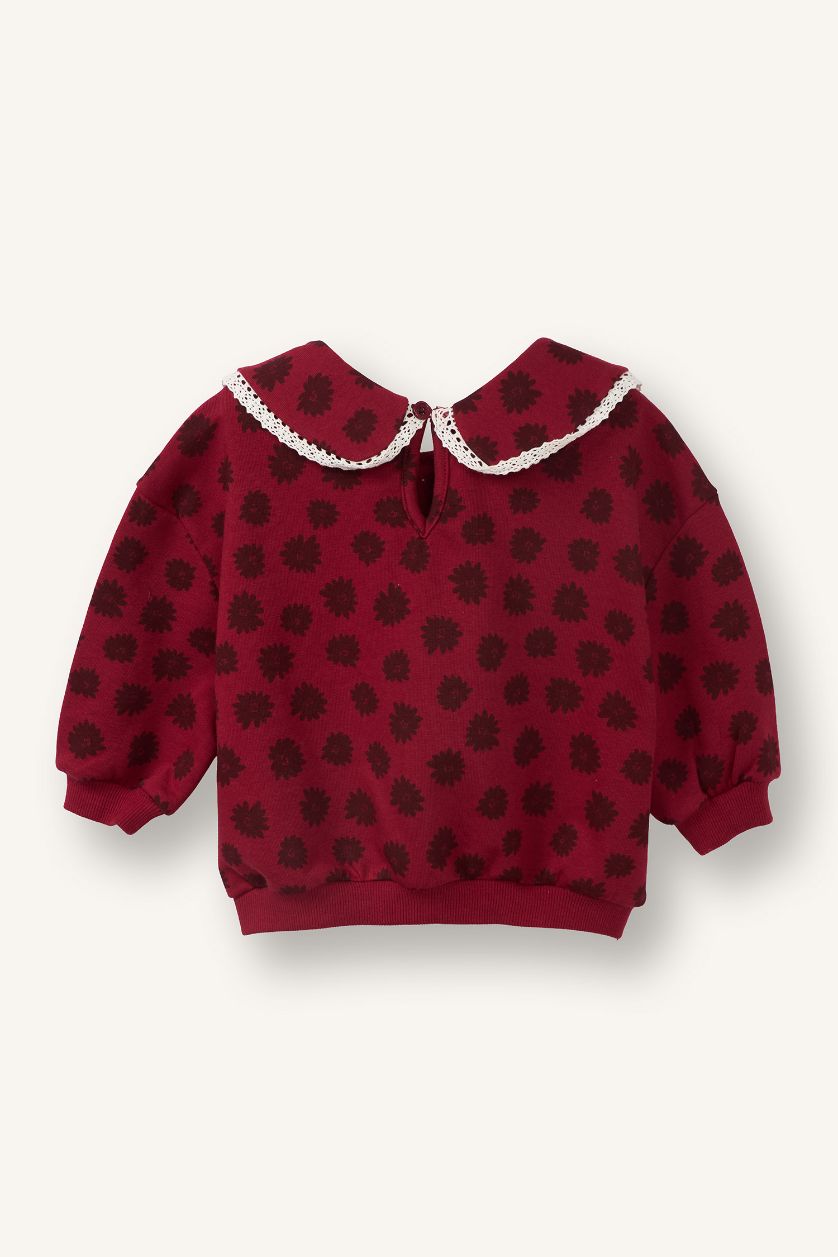 Baby Girl Bordeaux Baby Girl Regular Fit Large Collar Floral Thick Fabric Sweatshirt