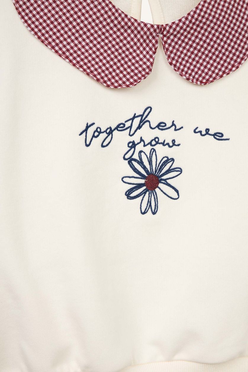 Baby Girl Ecru Baby Girl Regular Fit Large Collar Floral Thick Fabric Sweatshirt