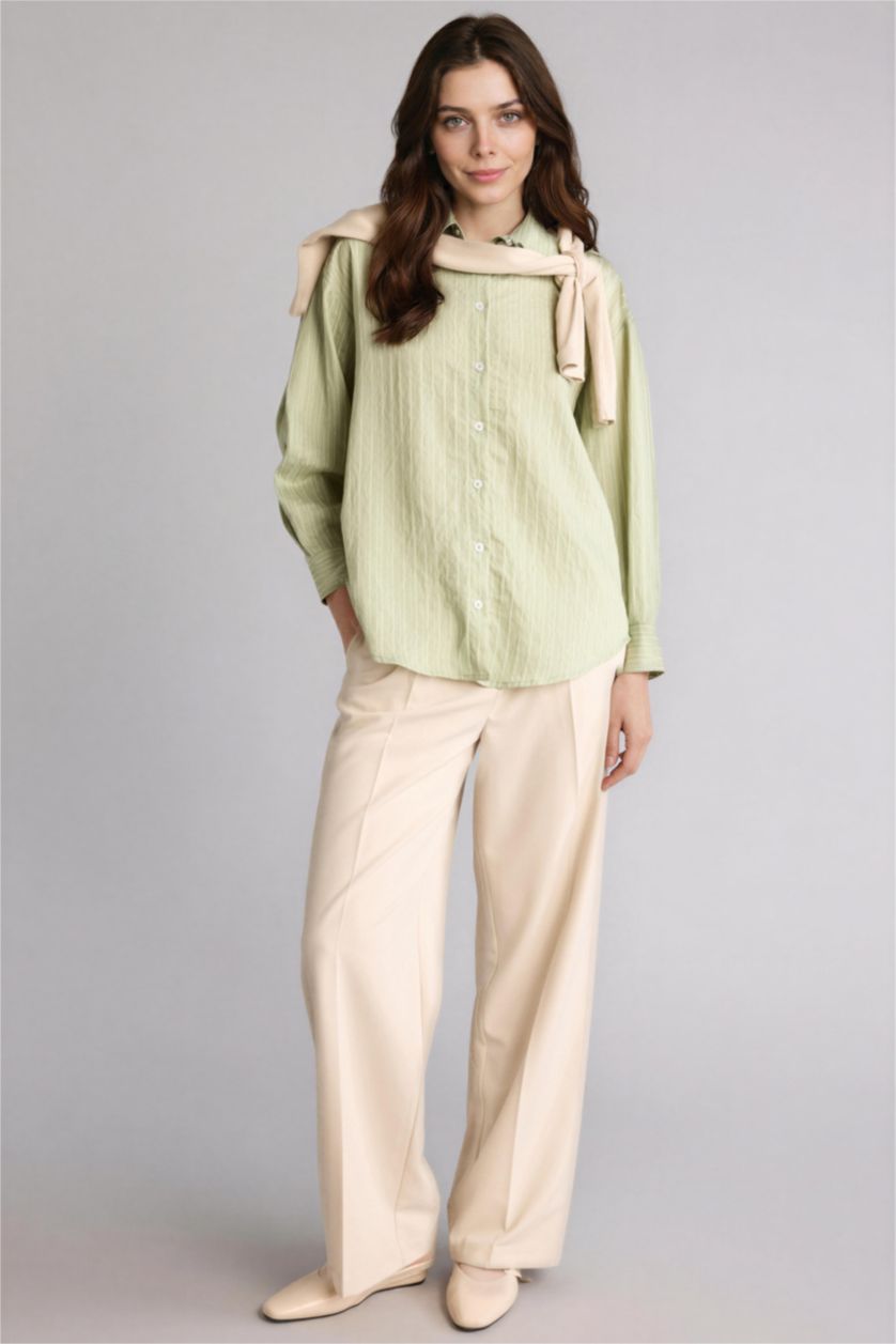 WOMAN Green Regular Fit Woven Striped Long Sleeve Tunic