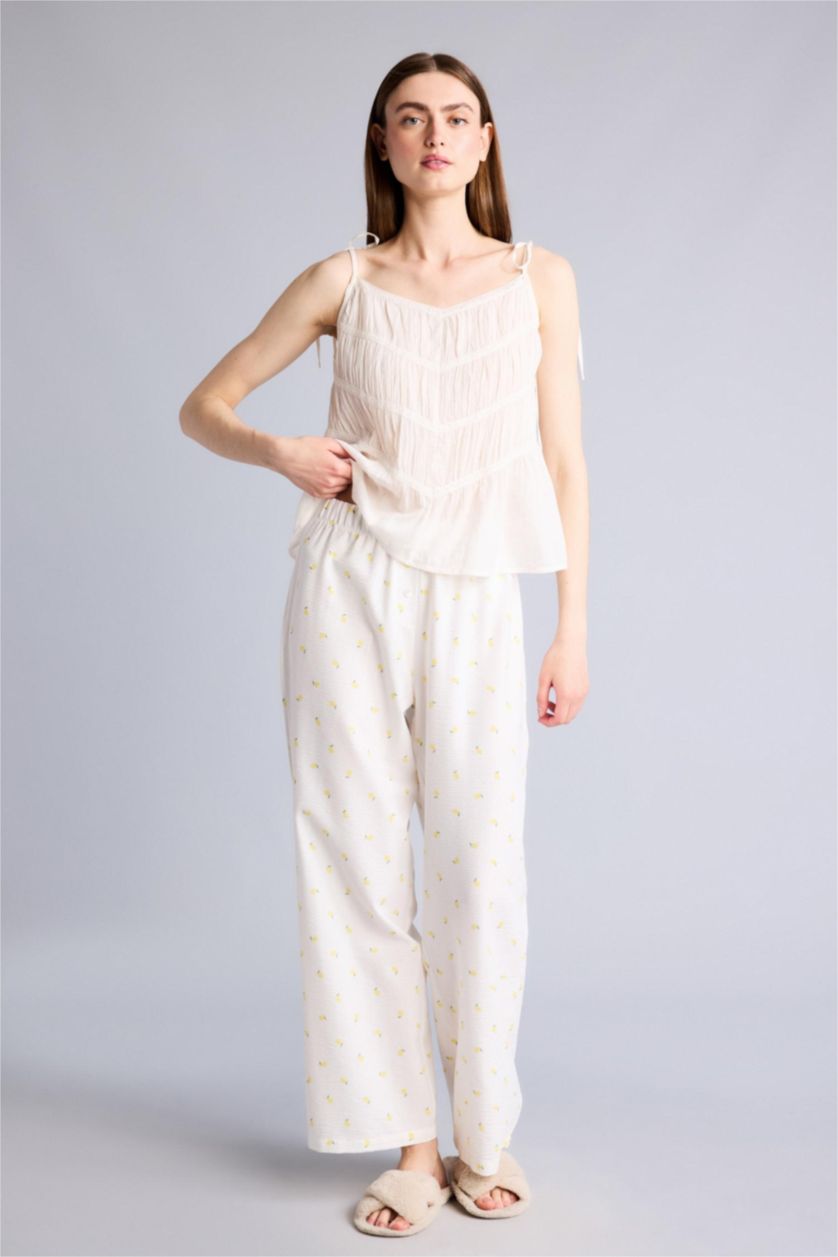 Kadın Ekru Regular Fıt Geniş Paça Dokuma Pijama Alt