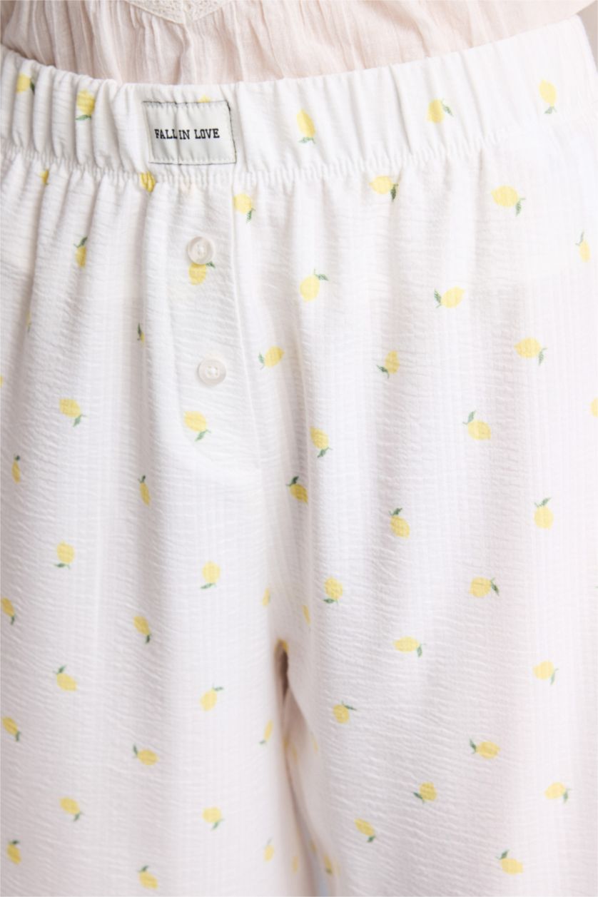 Kadın Ekru Regular Fıt Geniş Paça Dokuma Pijama Alt