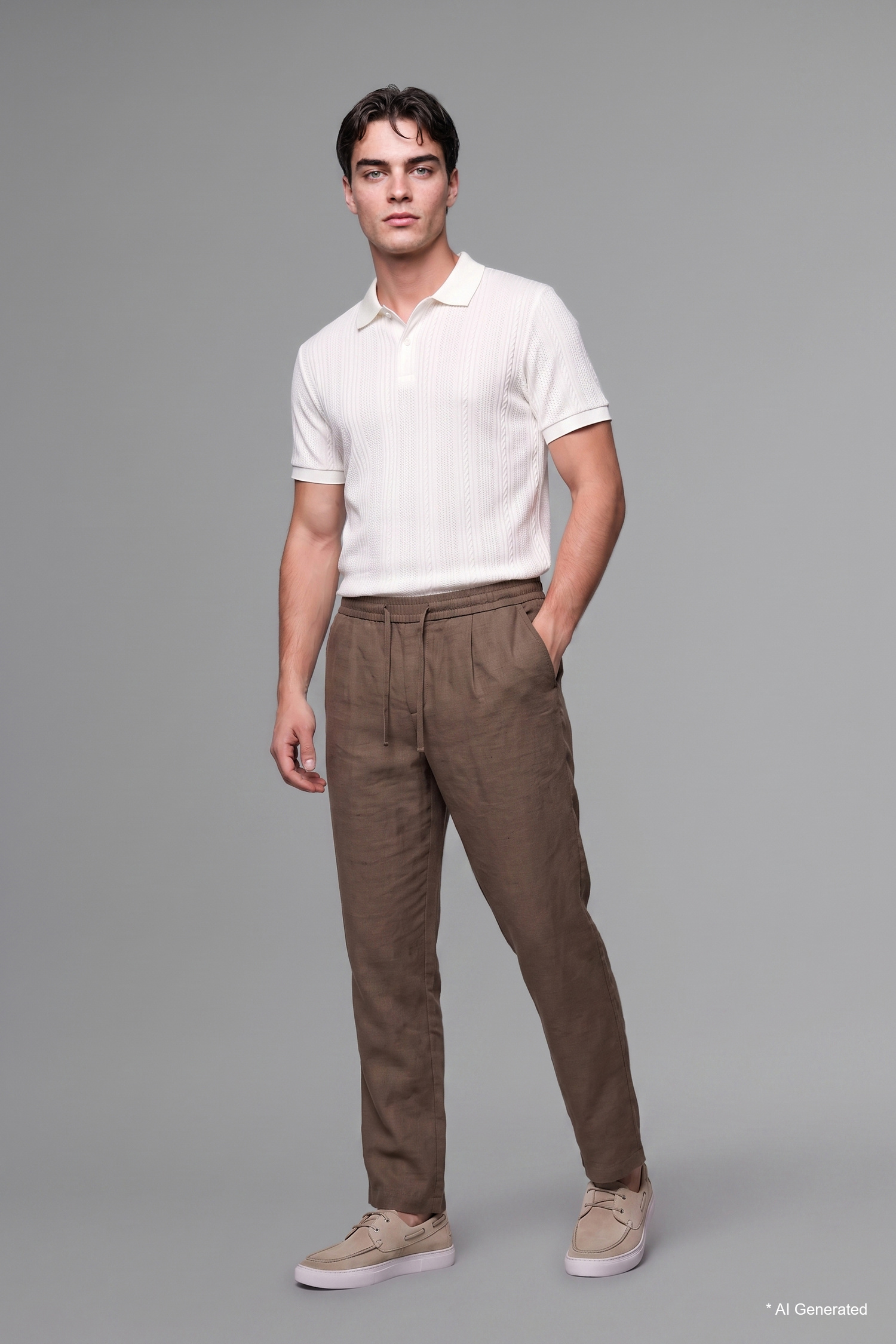 Man Teak Straight Fit Elastic Waist Kaki Trousers