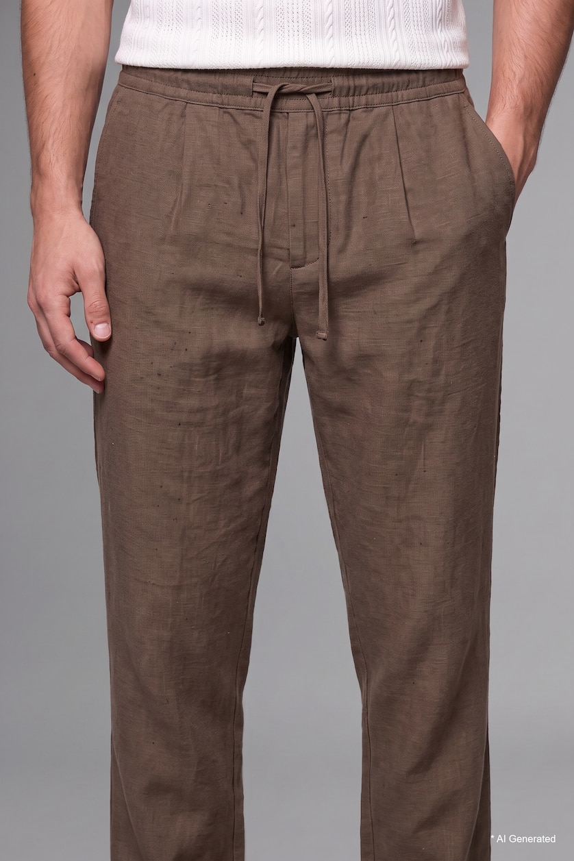 Man Teak Straight Fit Elastic Waist Kaki Trousers