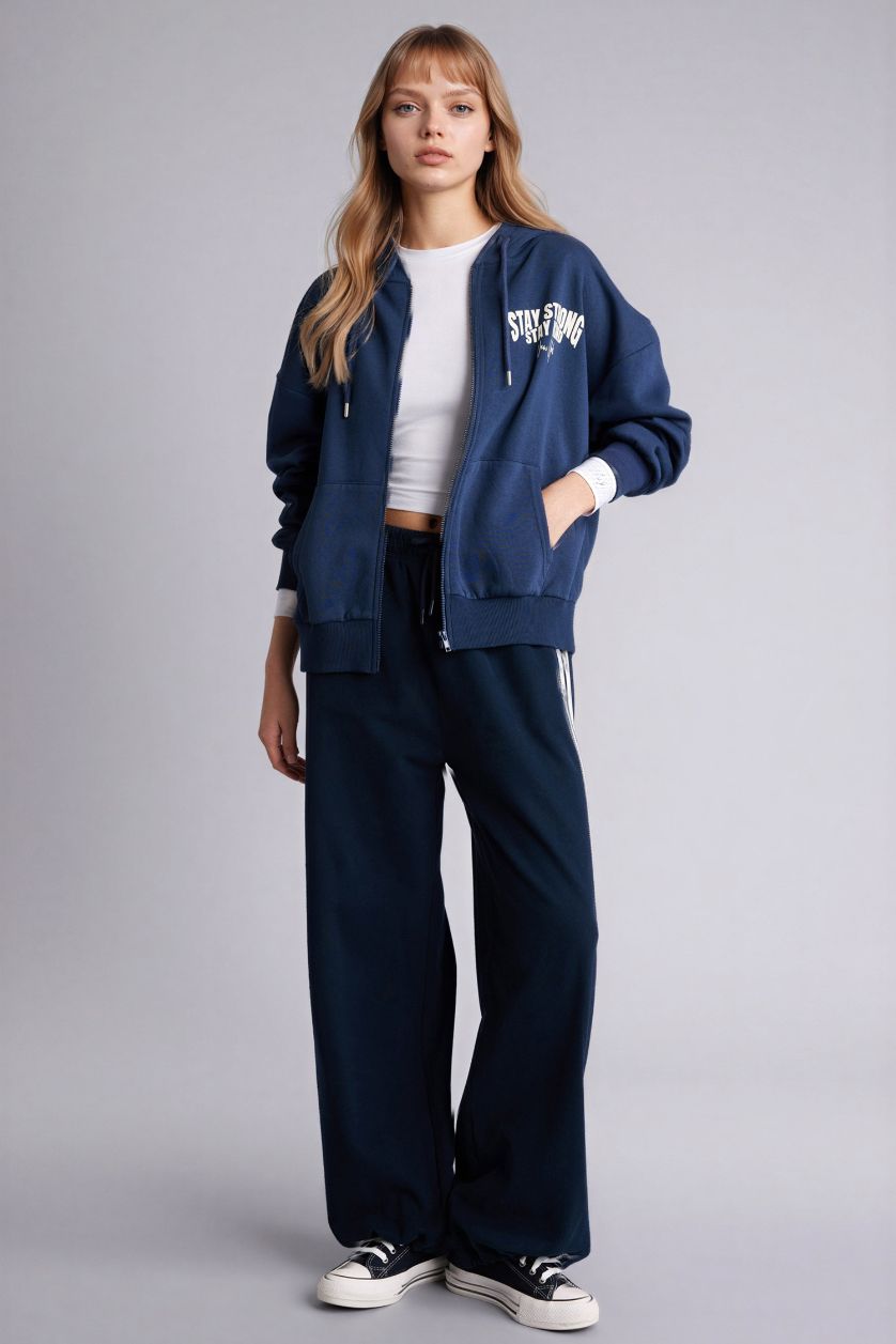 WOMAN NAVY Oversize Fit Printed Thick Fabric Cardigan