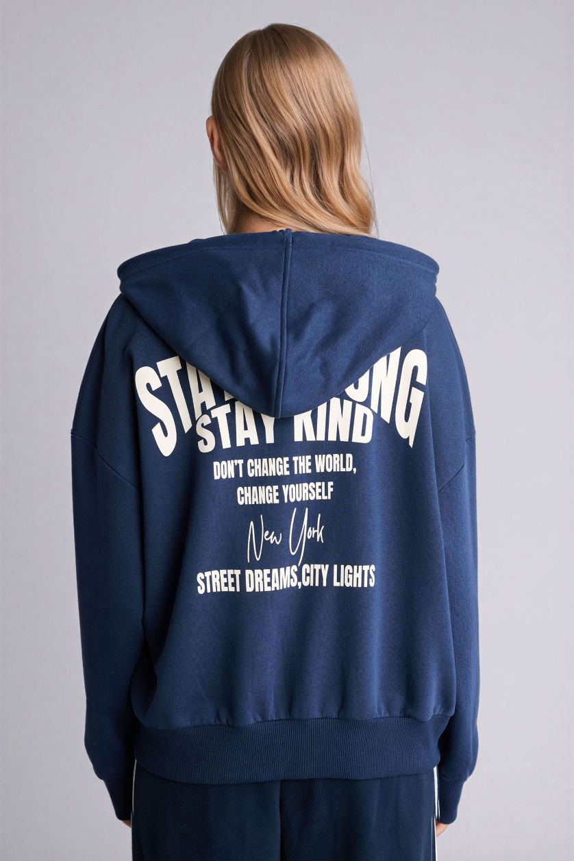 WOMAN NAVY Oversize Fit Printed Thick Fabric Cardigan