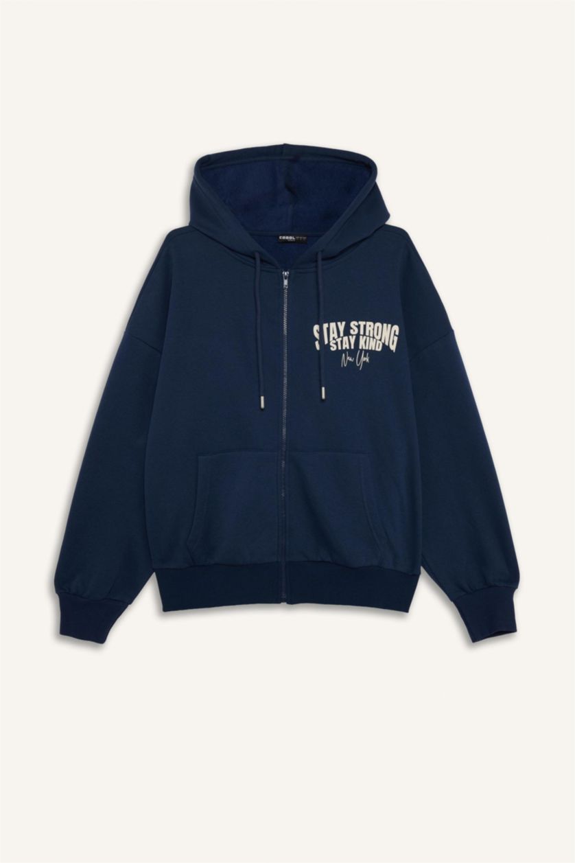 WOMAN NAVY Oversize Fit Printed Thick Fabric Cardigan