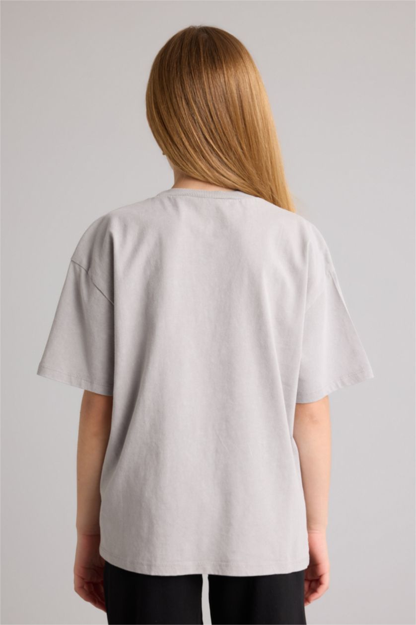 بنات رمادي فاتح تيشيرت بناتي نص ردن مطبوع اوفر سايز بياخة مستديرة