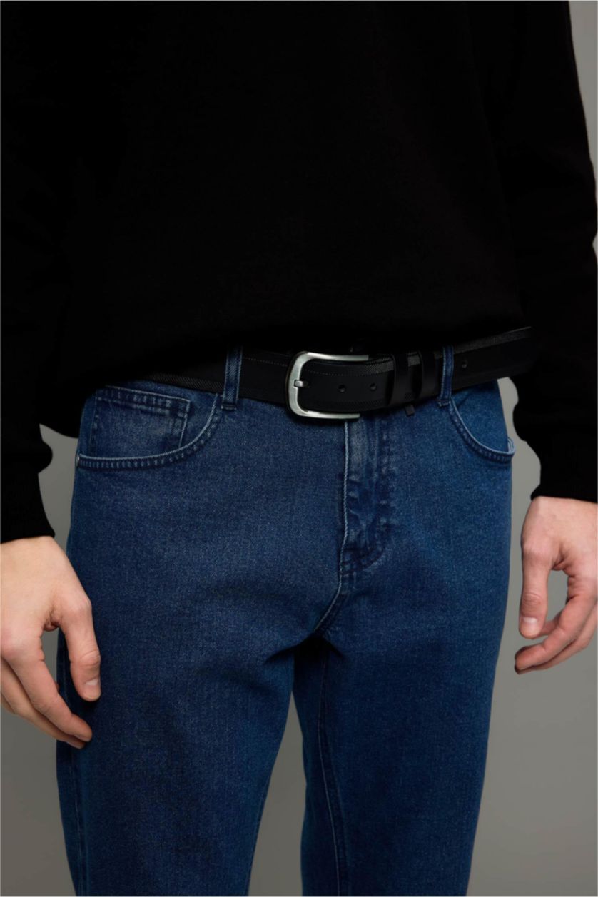 Erkek Siyah Erkek Dikdörtgen Toka Suni Deri Jean Kemeri