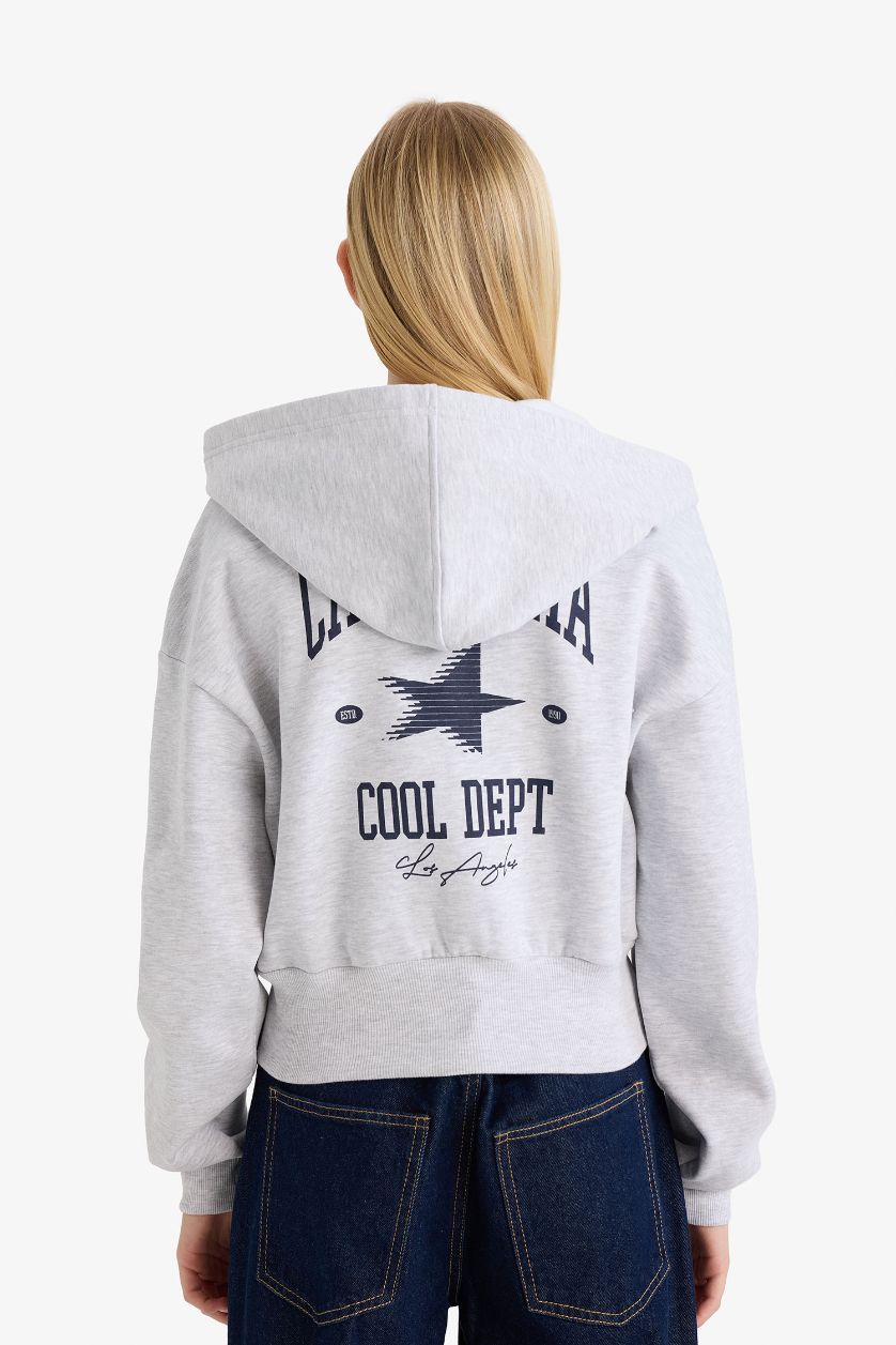 Woman Grey Melange Cropped Fit Hooded Printed Thick Fabric Cardigan