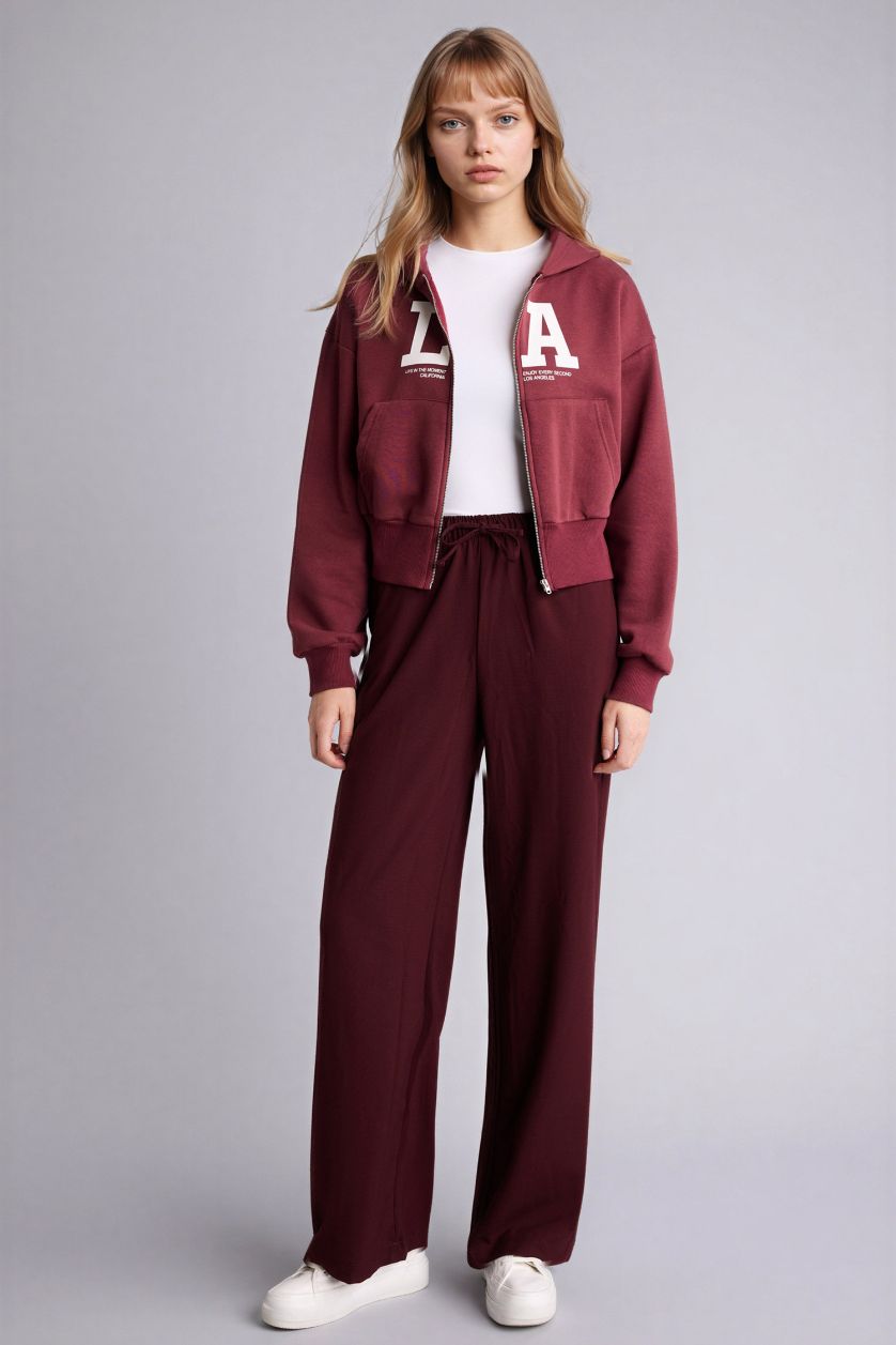 WOMAN Bordeaux Cropped Fit Printed Zip-Up Hoodie