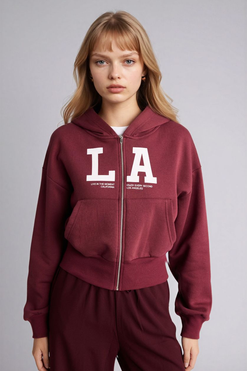 WOMAN Bordeaux Cropped Fit Printed Zip-Up Hoodie